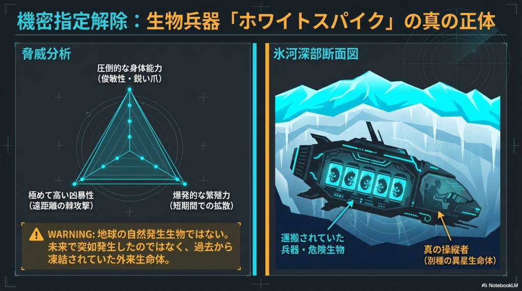 氷河の中に埋まっていた宇宙船の断面図。運搬されていた兵器としてのホワイトスパイクと、別種の異星人である「真の操縦者」を示した図解。 