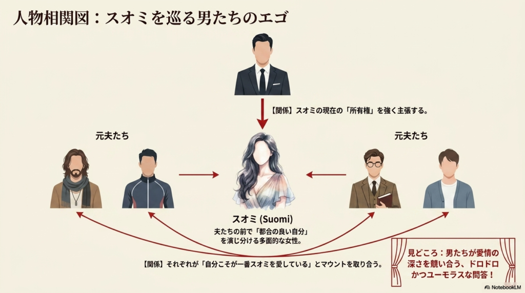 スオミと5人の夫たちの関係図。夫たちの前で人格を演じ分けるスオミと、愛情の深さを競い合う元夫たちの構図を描いた相関図 。