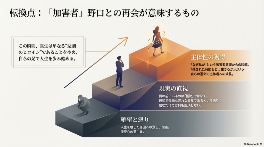 真生が「悲劇のヒロイン」を脱し、自らの足で歩み始めるステップを図解。激しい憎悪から、相手の孤独を悟り、残された時間をどう生きるかという主体者への成長が示されている。