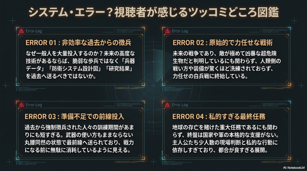 非効率な徴兵、原始的な戦術、準備不足の投入、私的すぎる最終任務という4つのエラーログをまとめた図解。