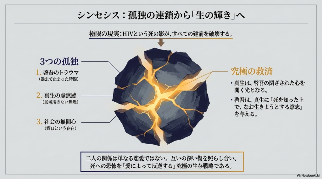 啓吾のトラウマ、真生の虚無感、社会の無関心という「3つの孤独」が、愛による反逆を通じて「究極の救済」へと昇華されるシンセシス(統合)の図解。