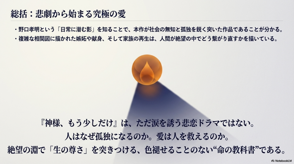 野口という「日常の影」から始まり、家族の再生や究極の愛へと至る物語の全体を総括したスライド。色褪せることのない「命の教科書」としての作品の価値を強調している。