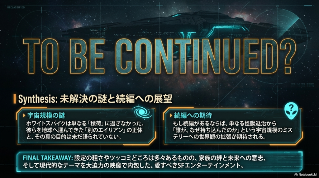 ホワイトスパイクは単なる積荷に過ぎず、真の操縦者であるエイリアンの謎など、続編で期待される世界観の拡張をまとめたスライド。